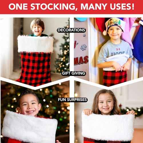Iconikal Jumbo Red Buffalo Plaid Christmas Stocking - 43-Inch Tall Giant Eye-Catching Oversized Holiday Hanging Decoration