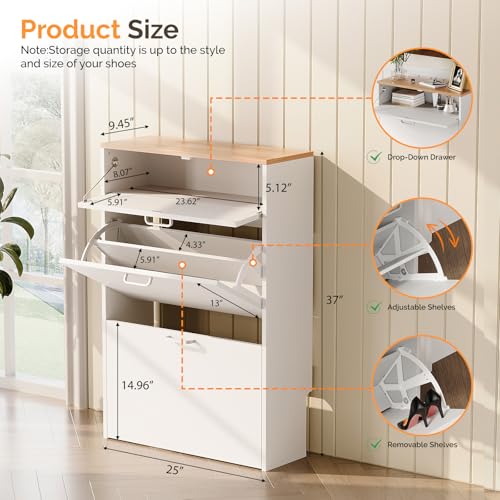 VINGLI Shoe Cabinet Storage for Entryway,White Small Narrow Rack,25" W