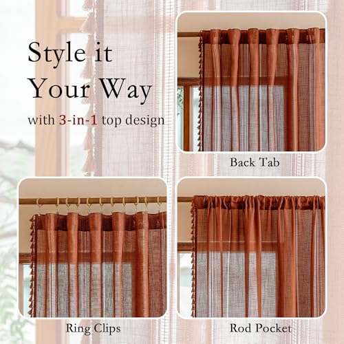 Z-Tassel Terracotta Boho Burnt Orange Curtains 50"x84" Set of 2 - Light Filtering Semi Sheer Farmhouse Style