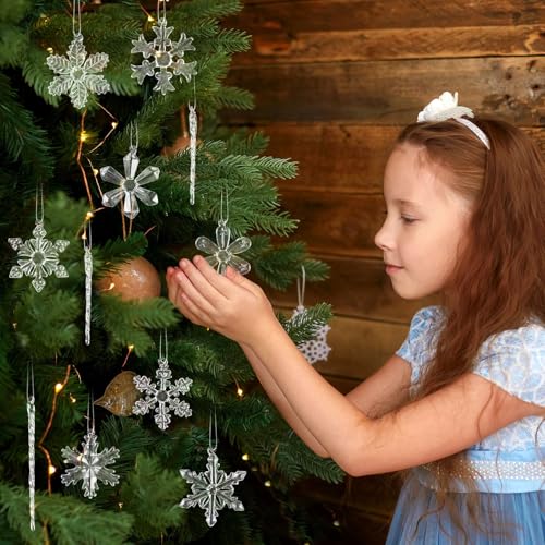 GuassLee 36Pcs Glass Snowflake & Icicle Ornaments Set - Clear Christmas Tree Decorations