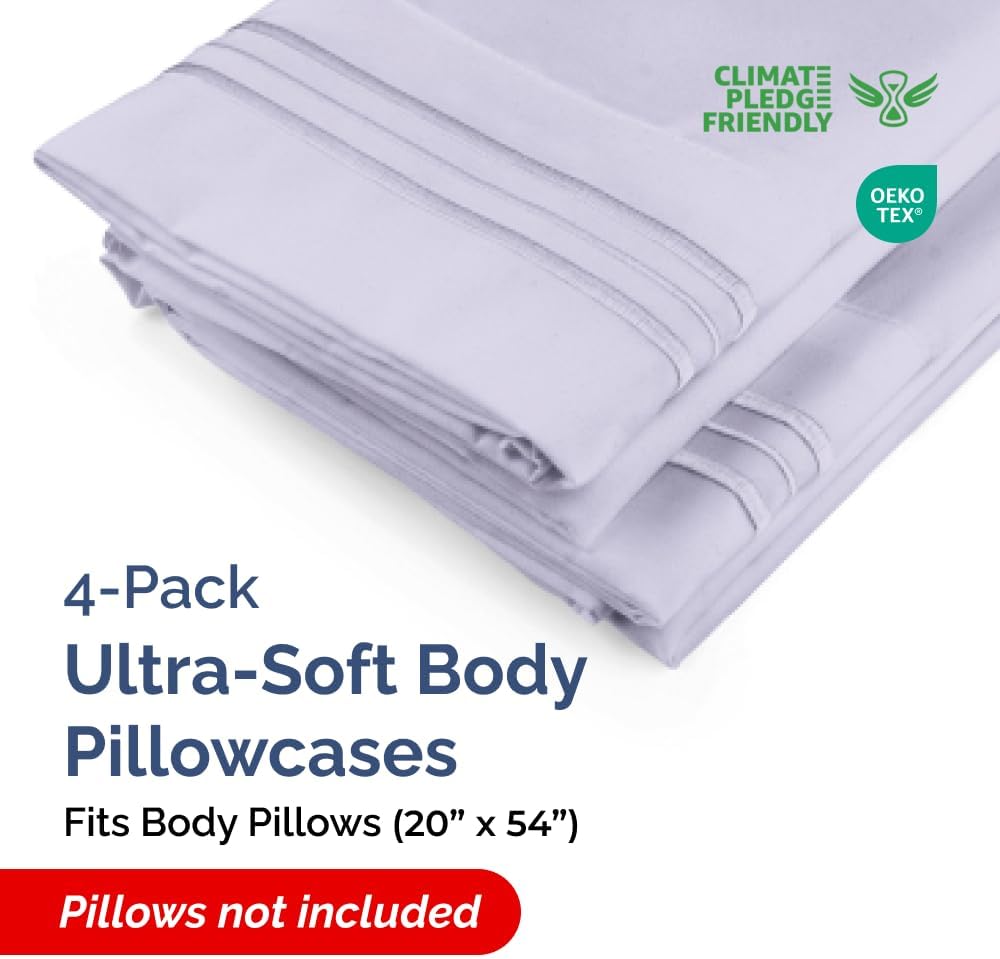 Skiennix Body Pillowcases Set of 4 | Soft 20x54 Long Pillow Covers for Side Sleepers - Breathable & Fade Resistant - Machine Washable (Light Lavender)
