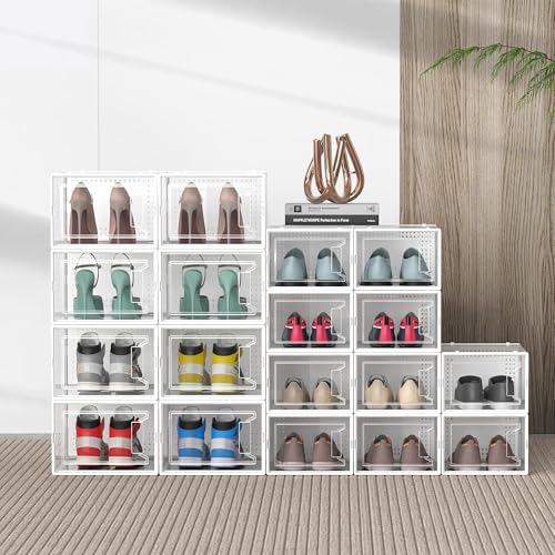 Large Stackable Clear Plastic Shoe Storage Organizer with Front Door - White