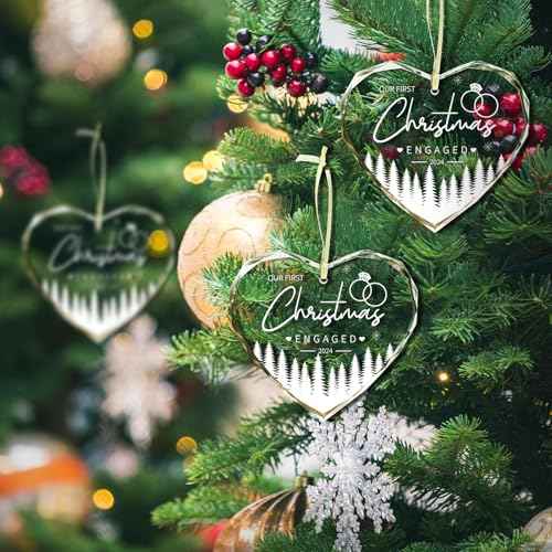 Engagement Gifts for Couples Christmas Crystals Ornaments 2024 Newly Engaged Keepsake Heart Glass with Gift Box for Women, Our First Christmas Engaged