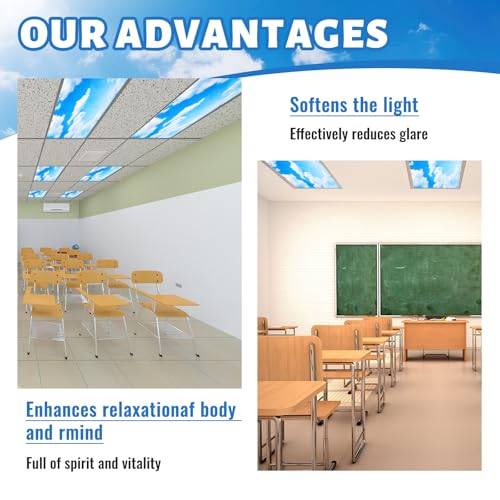 Blue Sky Cloud Classroom Fluorescent Light Covers - 12 Pcs, 2x4 ft