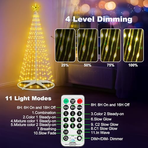 JORETLE 6ft Christmas Cone Tree Lights with 252 LEDs, Warm White & Multicolor, 11 Modes, Timer & Remote, IP65 Indoor/Outdoor