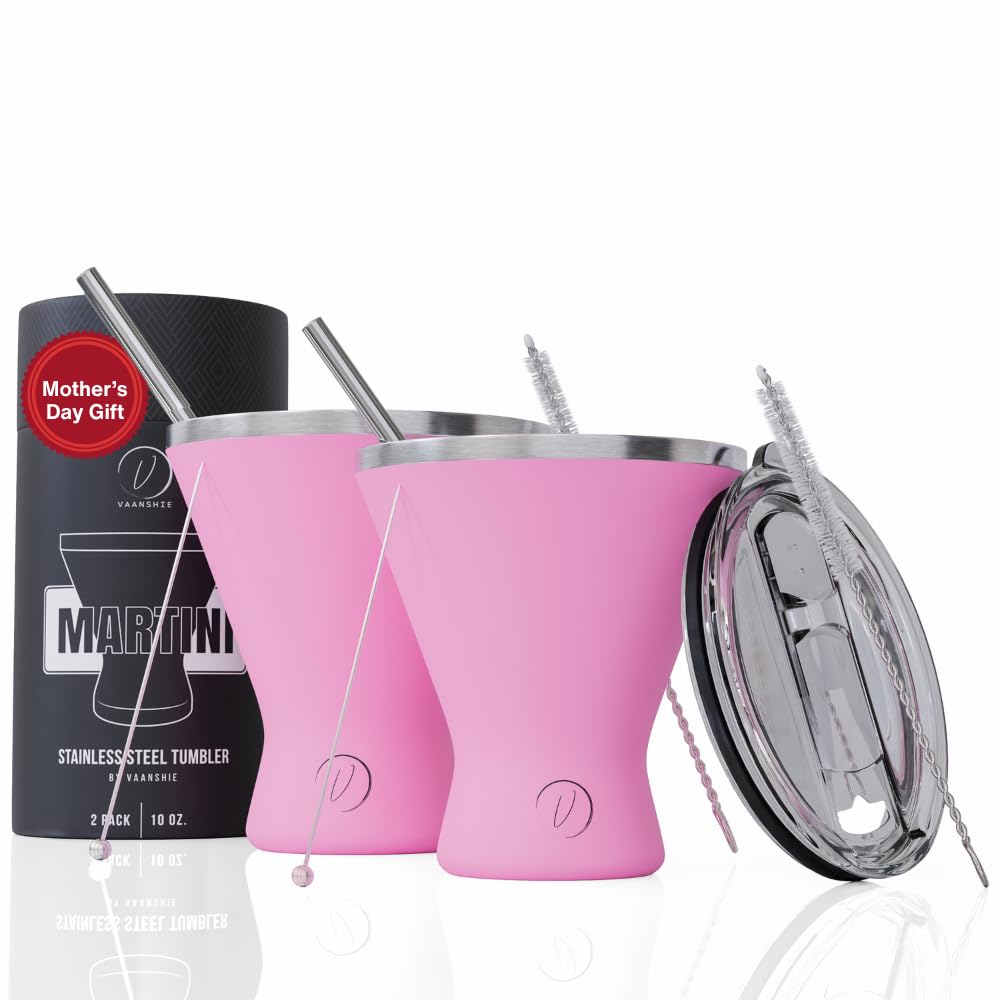 Mother’s Day Gift for Mom - Set of 2 [Pink] Stainless Steel Martini Glasses, Unbreakable Metal Cocktail Glass Set, Unique Gift for Women Wife, 10oz