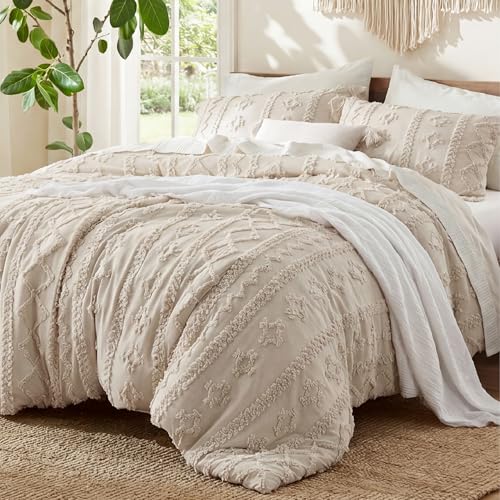 Bedsure Queen Tufted Boho Comforter Set Beige - Elegant Bedding for Bedroom Decor