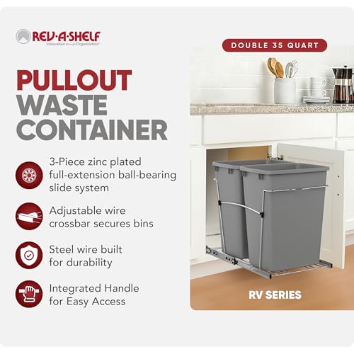 Rev-A-Shelf Double Pullout Garbage Bin System - 35 Qt, Metallic Silver