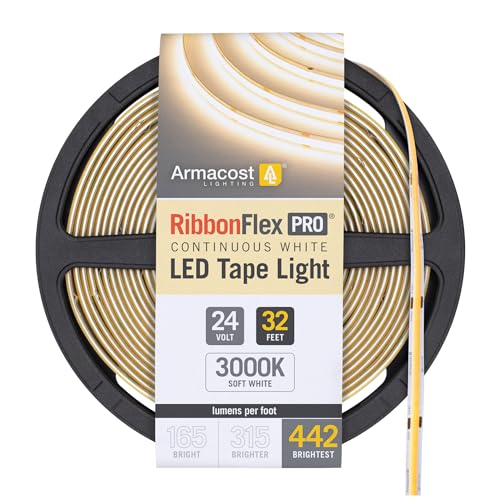 Armacost Lighting RibbonFlex Pro 24V LED Strip Light Tape 3000K Soft White, 32.8 ft, 442 Lumens/Ft