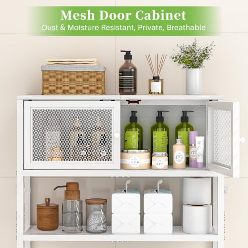 Over Toilet Storage Cabinet with Doors - White Bathroom Organizer Shelf