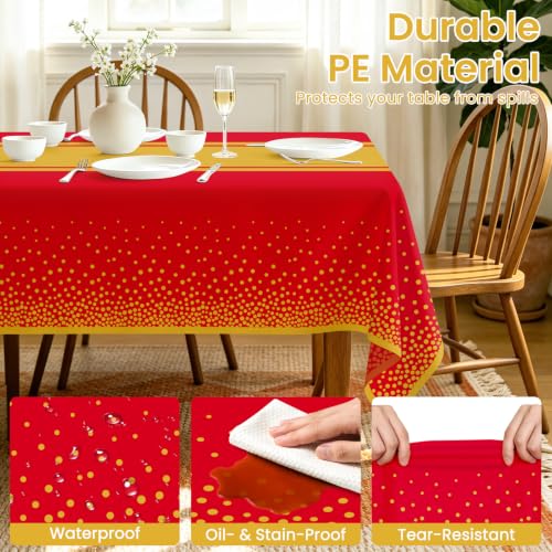 LIKAJON 2 Pack Red and Gold Waterproof Tablecloths 54x108 Inch for Parties