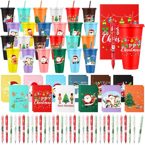 Christmas Tumblers Gift Set with Snowflake & Tree Designs, 24 oz, Includes Lids & Straws, Reusable Plastic Cups, Holiday Party Favors