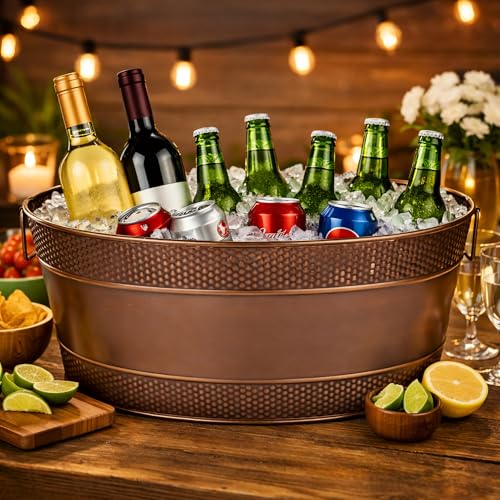 Heavy-Duty Copper Finish Beverage Tub for Parties, Large Oval 6 Gallon