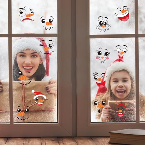 LOMIMOS Snowman Faces Stickers,42 Pcs Cute Snowman Face Decals Christmas Vinyl Glass Window Sticker Art Wall Decor for Fridge Wall Door Party Supplies Home Decoration