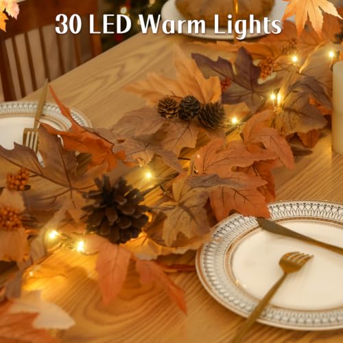Fall Garland with Lights & Timer - 6 Ft Autumn Decor, 2 Pack