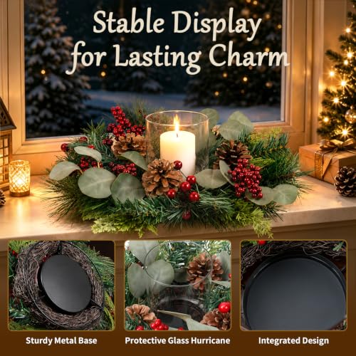 Lewondr 18-Inch Christmas Wreath Candle Holder with Glass Cup and Red Berries, Green & Red