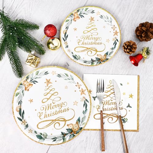 Homlouue Gold Christmas Tree Paper Plates & Napkins - Serve 50 Guests