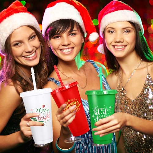 Whaline Christmas 12-Pack Reusable Plastic Tumblers with Lids & Straws - 24oz Holiday Party Cups in Red, Green, White Snow Design