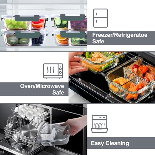 VERONES 5 Pack 36oz Grey Glass Food Storage Containers with 3 Compartments