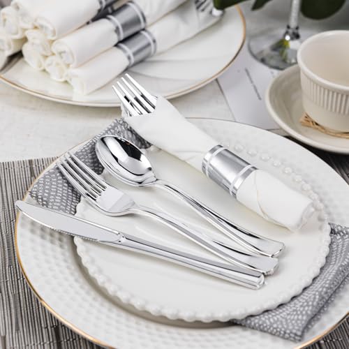 120 Pack Disposable Silver Plastic Silverware with Napkins - Heavy Duty & Elegant Design