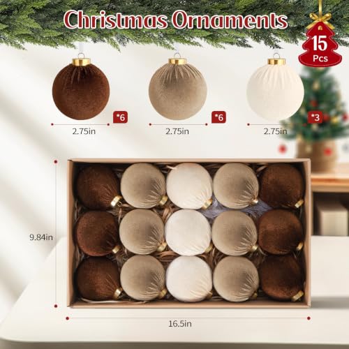 Fashlits Brown Velvet Christmas Tree Ornaments Set - 15 Pack, 3.15 Inch