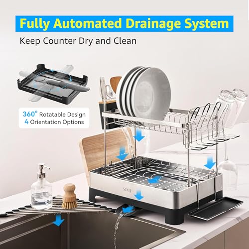 Black 2-Tier Stainless Steel Dish Drying Rack - Large Capacity Kitchen Organizer