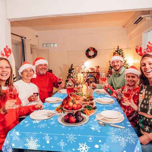 3 Pieces 54x108 Inch Snowflake Winter Wonderland Rectangle Plastic Tablecloth, Disposable Blue and Purple Table Cover with White Snowflakes for Christmas, Birthday, and Winter Party Decorations