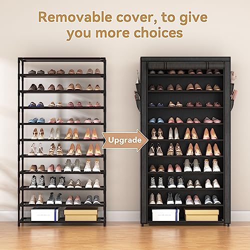 Black 10-Tier Shoe Rack with Dustproof Cover, Large Capacity Organizer
