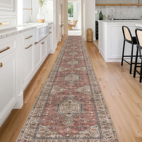 Extra Long Runner Rug for Hallway 2.6x20 ft - Washable Terracotta Pink Non-Slip