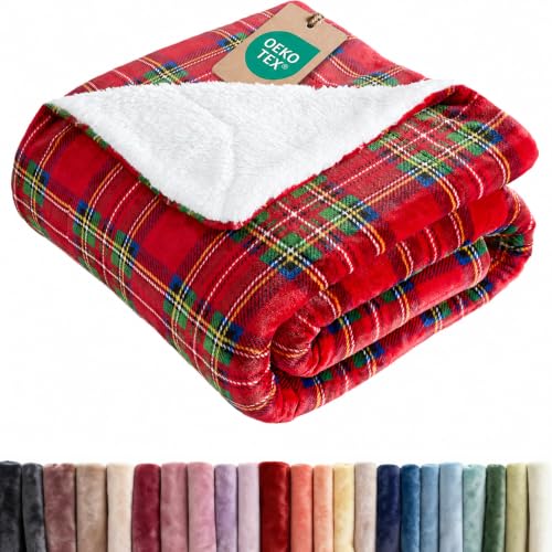 Christmas Sherpa Blanket Throw Size 50x60 Reversible Plaid Holiday Decor - CGK Unlimited