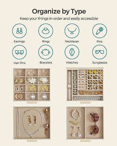 SONGMICS Cloud White & Gold Jewelry Box Organizer 4-Layer Storage with Glass Lid