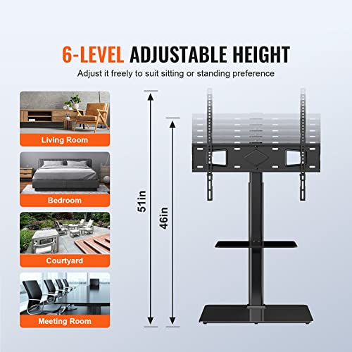 VEVOR Adjustable Swivel Floor TV Stand for 32-65 Inch TVs, Tempered Glass Base
