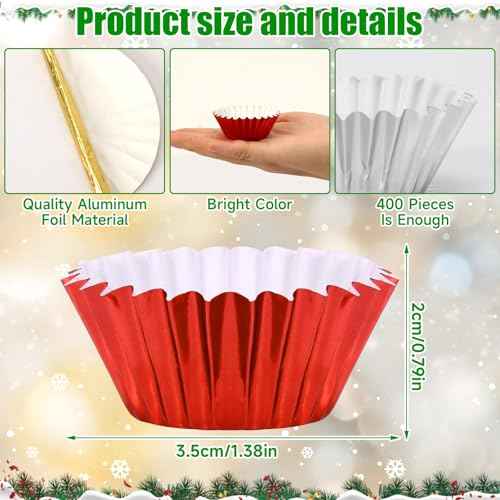 AUGSUN 400pcs Christmas Mini Foil Cupcake Liners Golden Red Green Silver Cupcake Baking Cups Metallic Mini Muffin Cupcake Wrappers for Xmas Holiday Party Cake Candy Chocolate Decorations Supplies