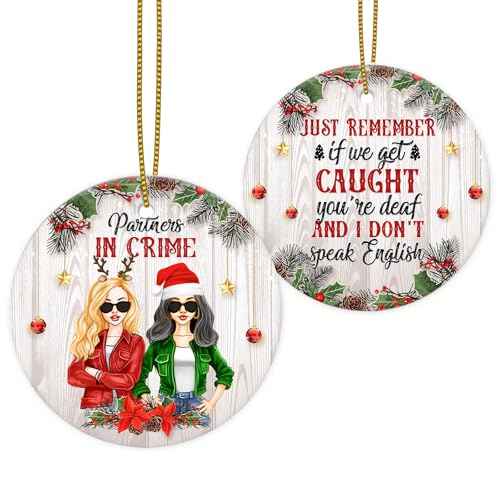 Friendship Christmas Ornament Gifts for Best Friends - Partners in Crime Funny Ornament for Xmas Tree Hanging Decorations - 2 Side Printed Ceramic Ornament