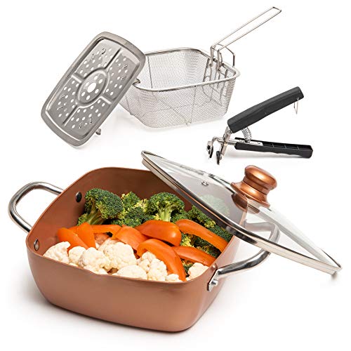 Moss & Stone Copper 5-Piece Deep Fry Pan Set with Fry Basket & Steamer, 5 Qt