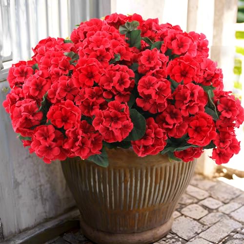 Hananona 24 Red Artificial Geranium Flowers for Outdoor & Indoor Decor