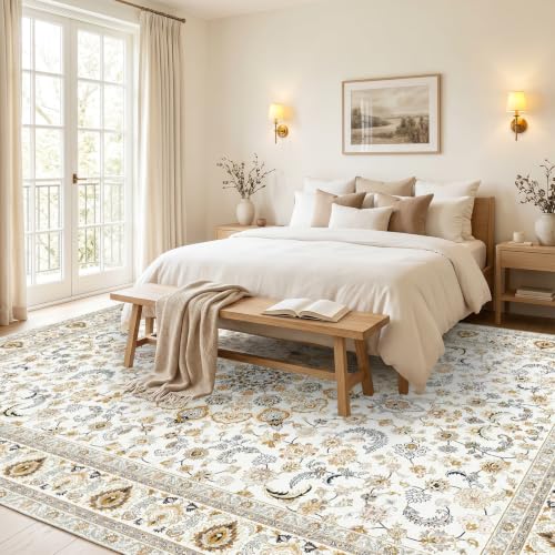 Fixwal 8x10 Beige Washable Area Rug for Living Room Non-Slip Vintage Boho Style