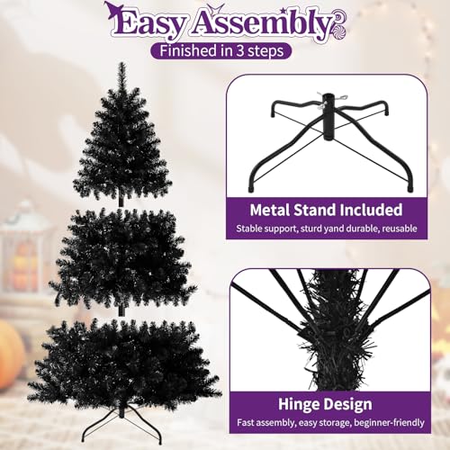 Facdiwok Full Black 6ft Artificial Halloween Christmas Tree with Purple LED Lights