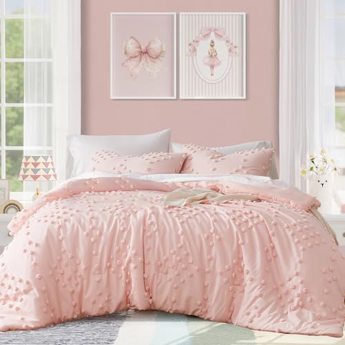 Pink Twin Comforter Set for Girls - Pom Tufted Bed in a Bag, 5 Pieces, Dot Pink Variation