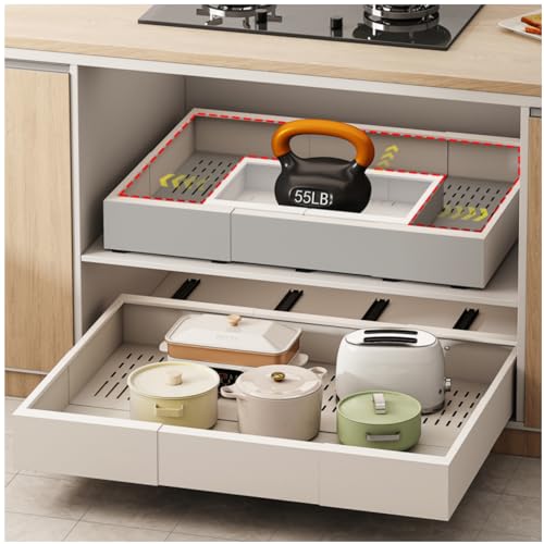 Fokyfok Expandable Pull Out Cabinet Organizer - White, 23-31W x 17-24D, Adhesive Shelves