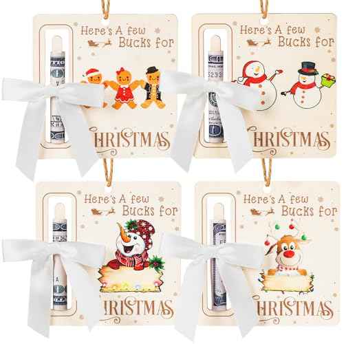 Christmas Money Holders for Cash, 4 Pcs Wooden Money Cards for Xmas Gift, 2025 Christmas Money Card Gifts Hanging Ornaments for Christmas Tree