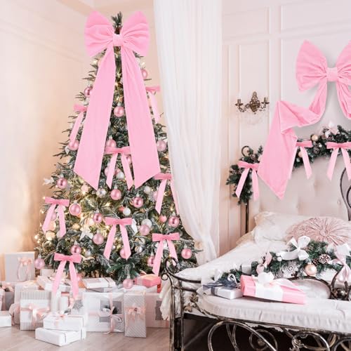 Gejoy Pink Velvet Christmas Tree Decoration Set with 47 x 15.7 Inch Large Topper Bow, 30 Small Velvet Bows & 36 Ornaments