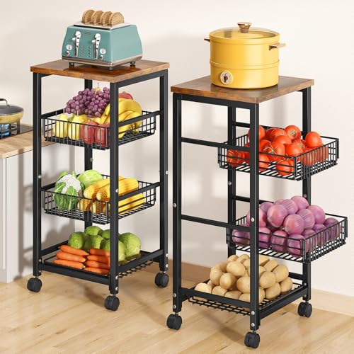 Fruit Basket Stand with Pull-Out Vegetable Baskets - 11.8"D x 15.7"W x 33.7"H, Black