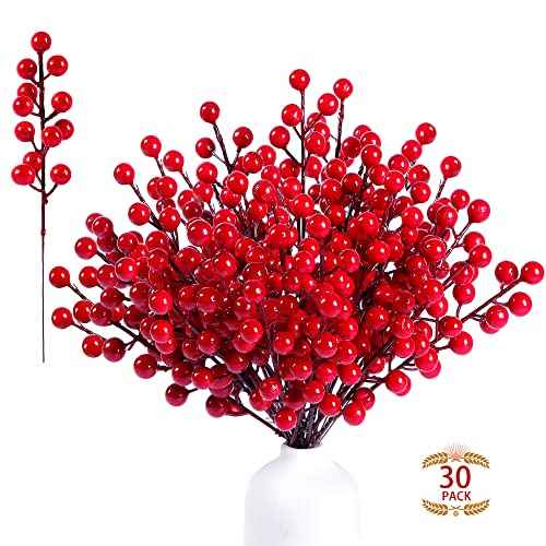 Sggvecsy 30 Pack Artificial Red Berry Stems 8.9inch Christmas Red Berry Picks Holly Berry Branches for Christmas Tree Decorations Holiday DIY Crafts Xmas Ornaments Wedding Home Decor