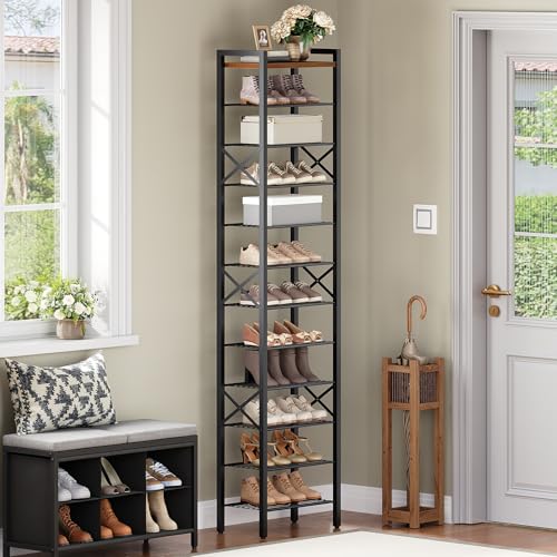 YATINEY Rustic Brown & Black 12-Tier Narrow Shoe Rack, 16.5 x 10.4 x 80.4 inches, Tall Shoe Organizer for Entryway and Closet