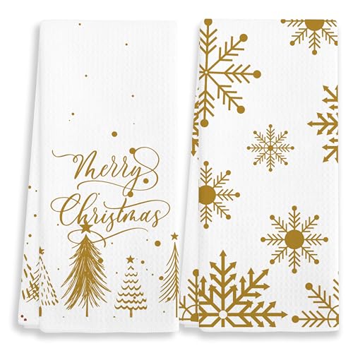 Merry Christmas! Gold Kitchen Towels Set of 2 - Snowflake Holiday Decor