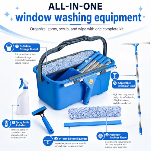 XHMAXE 76-Inch Adjustable Window Squeegee & Bucket Cleaning Kit with 14" Silicone Blade