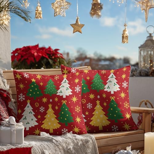 HOMETITUTE Christmas Throw Pillow Covers Set of 2 - Festive 18x18 inches, Tree & Star Pattern, Holiday Home Decor #008