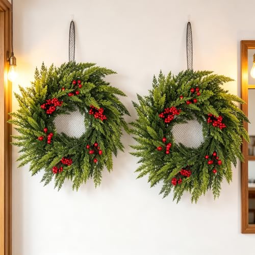 FJAKA 20in Christmas Wreath with Red Berries - Front Door Decor, Indoor/Outdoor, Norfolk Pine Accent