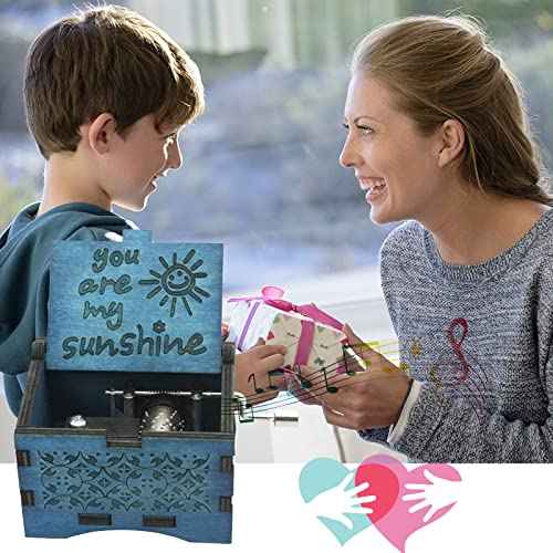 You are My Sunshine Wooden Music Boxes Laser Engraved Hand Crank Classical Wood Sunshine Musical Box Gifts for Birthday Christmas Valentine's Day (Blue Sunshine)
